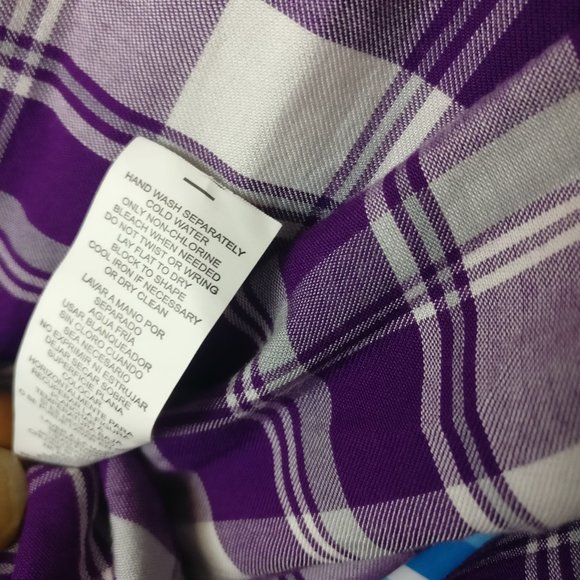 Purple Gingham plaid Western Fringed hem Long sleeve Button down Shirt, M - Picture 6 of 8